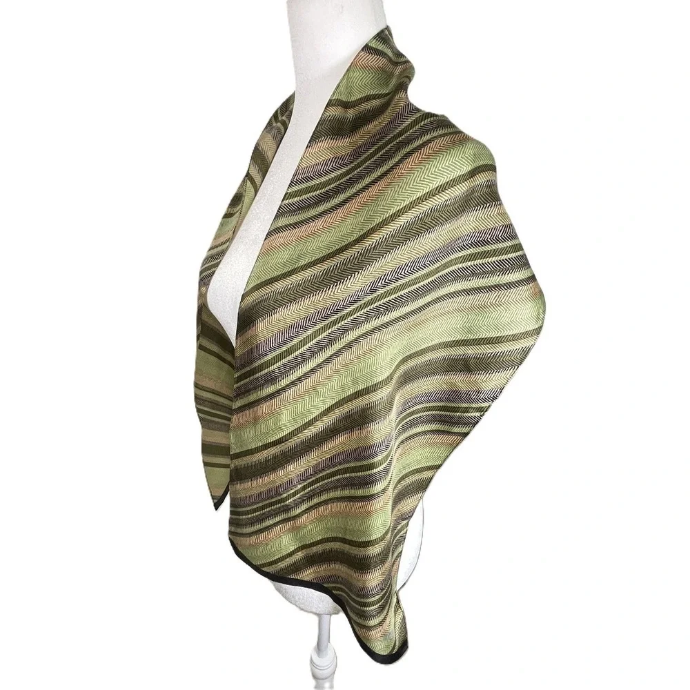Echo Silk Scarf Green Tan Black Chevron Herringbone Striped Rectangular Wrap‎